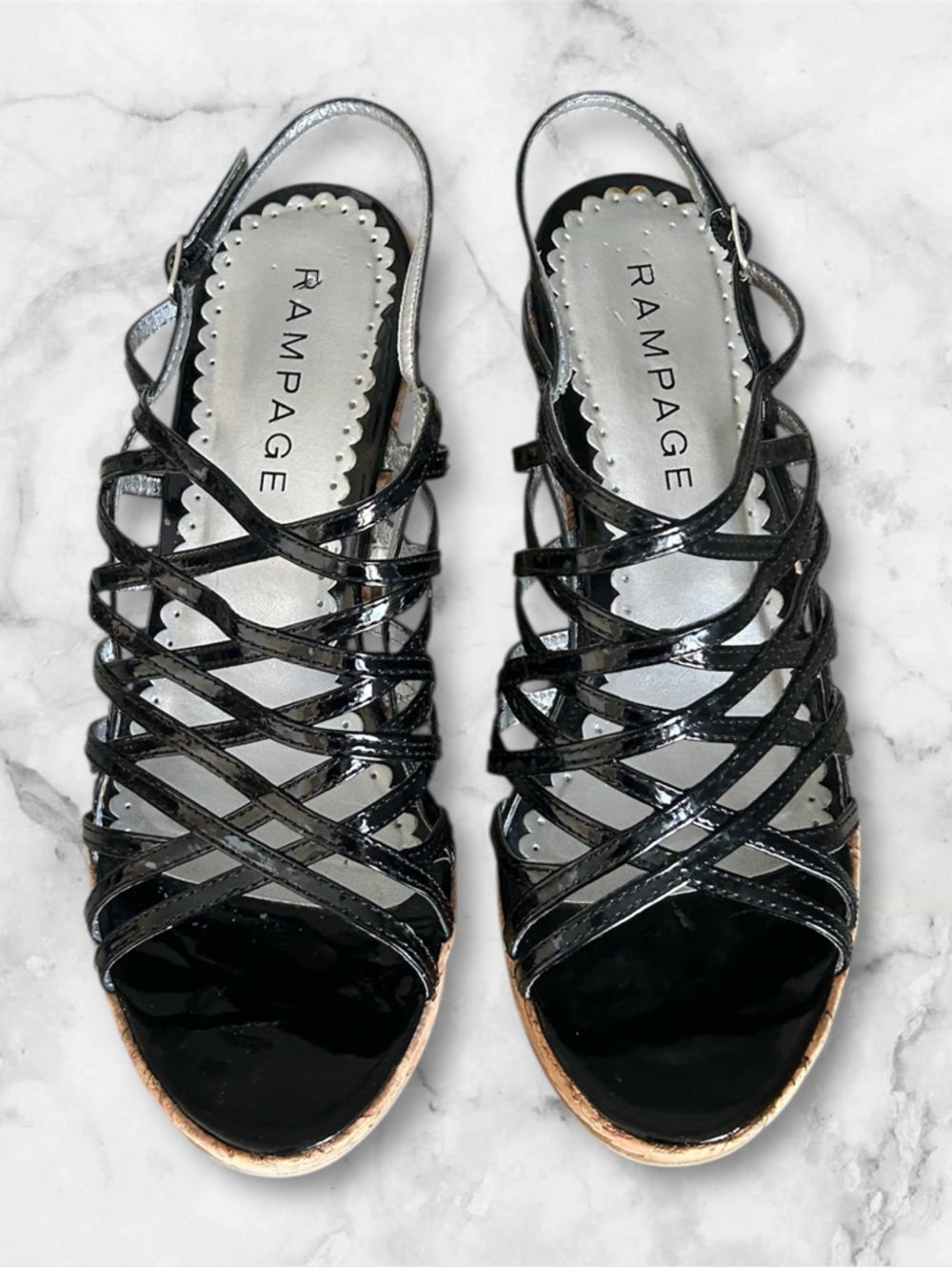 Rampage Black Patent Strappy Wedge Sandals Cork Platform Heel Size 8 Y2K - Picture 3 of 10